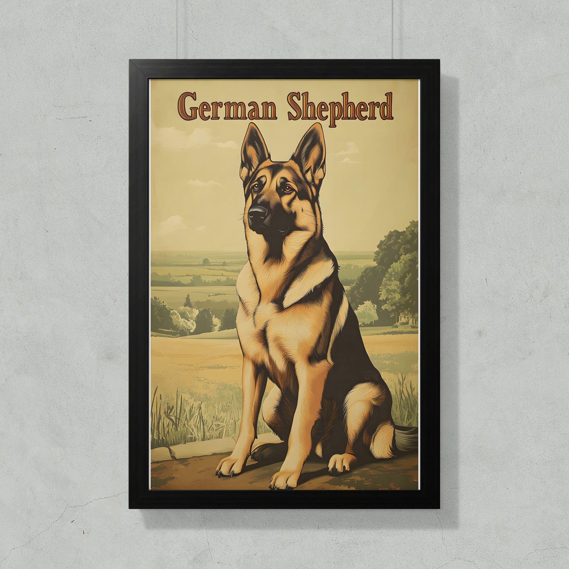 German Shepherd dog sitting in a field, text at top reads "German Shepherd".