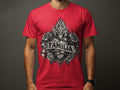 A man wears a bright red t-shirt with a detailed black and grey chest graphic featuring the word FAMILIA across a banner, surrounded by roses, a heart, and a cross.