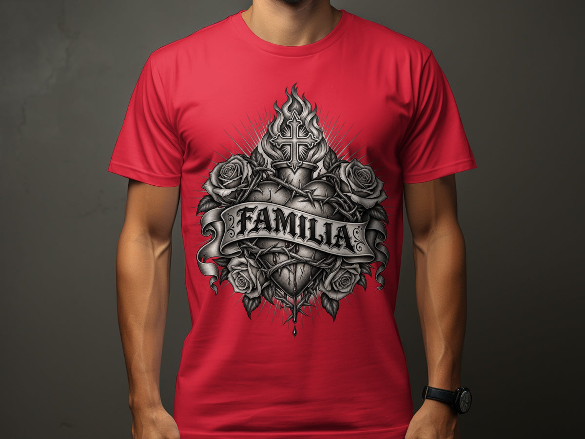 A man wears a bright red t-shirt with a detailed black and grey chest graphic featuring the word FAMILIA across a banner, surrounded by roses, a heart, and a cross.