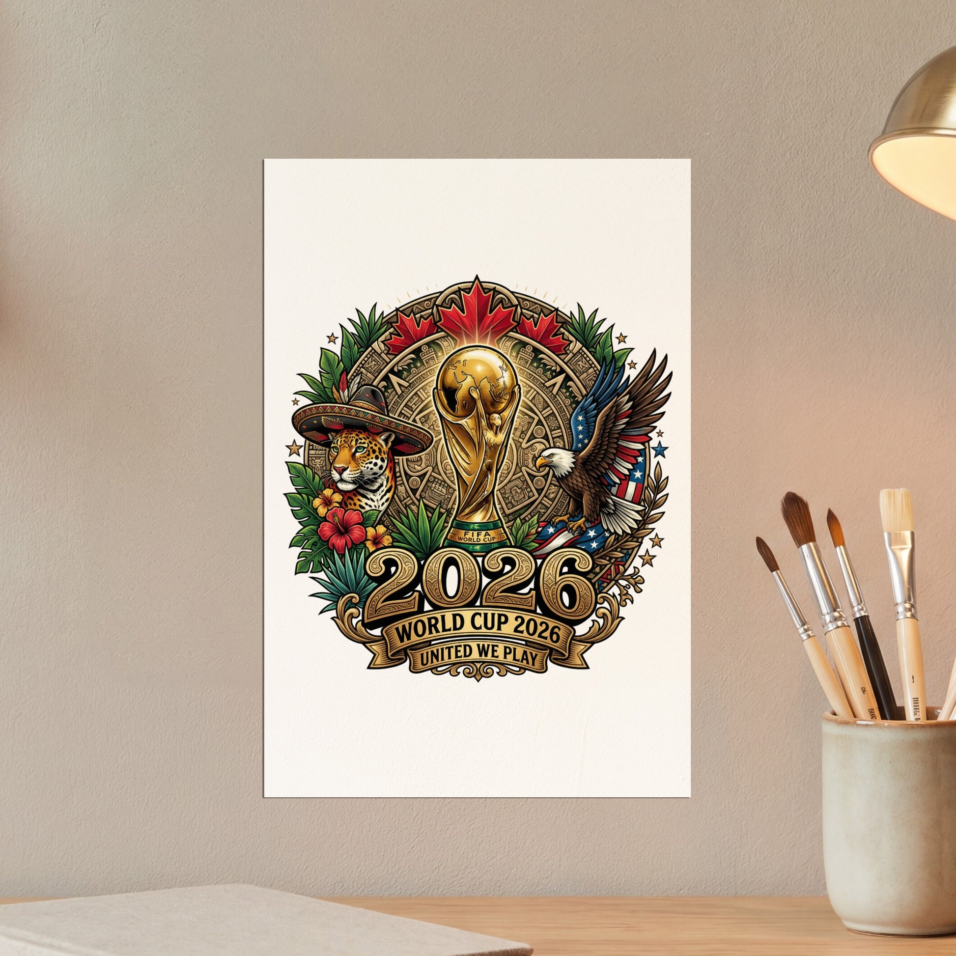 2026 World Cup United We Play logo with eagle, jaguar, and trophy.
