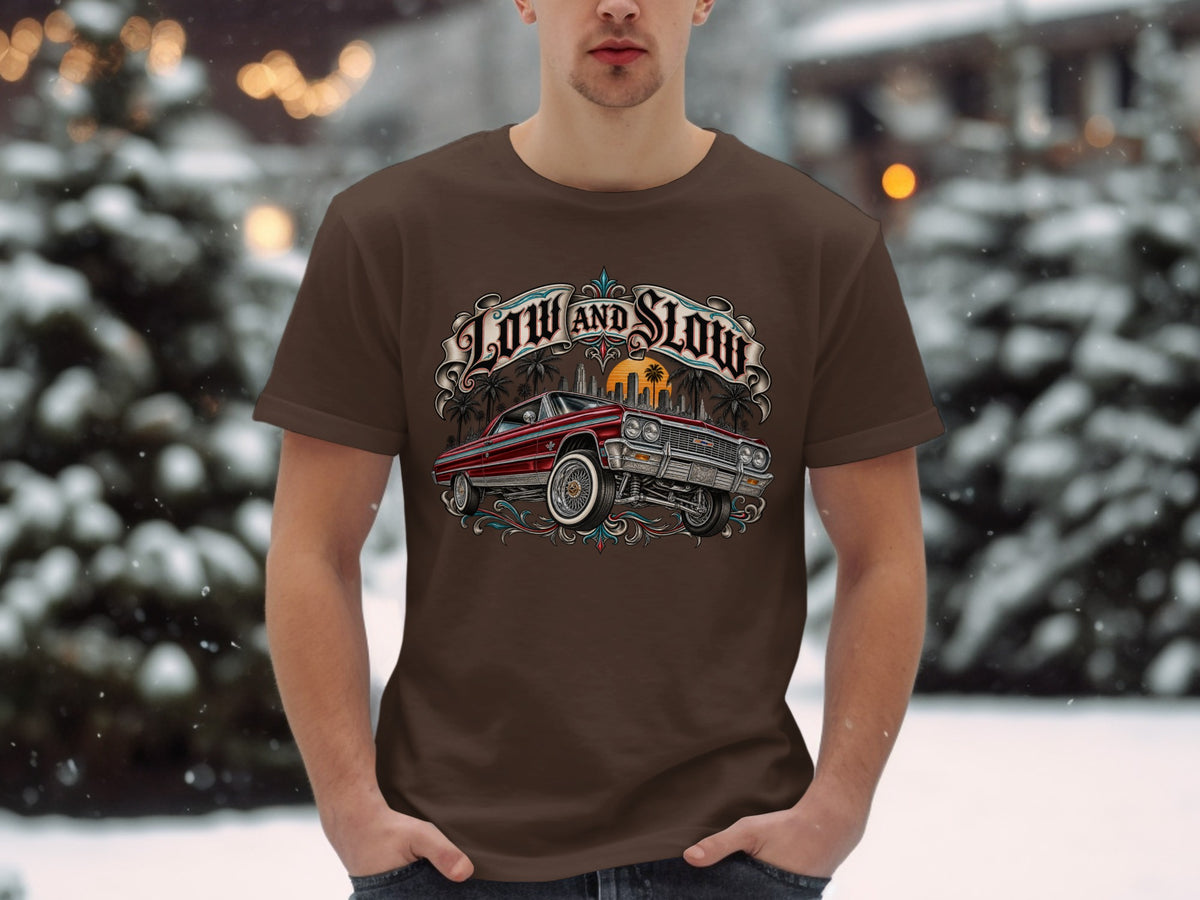 Brown t-shirt with "Low and Slow" text above a red lowrider car graphic.
