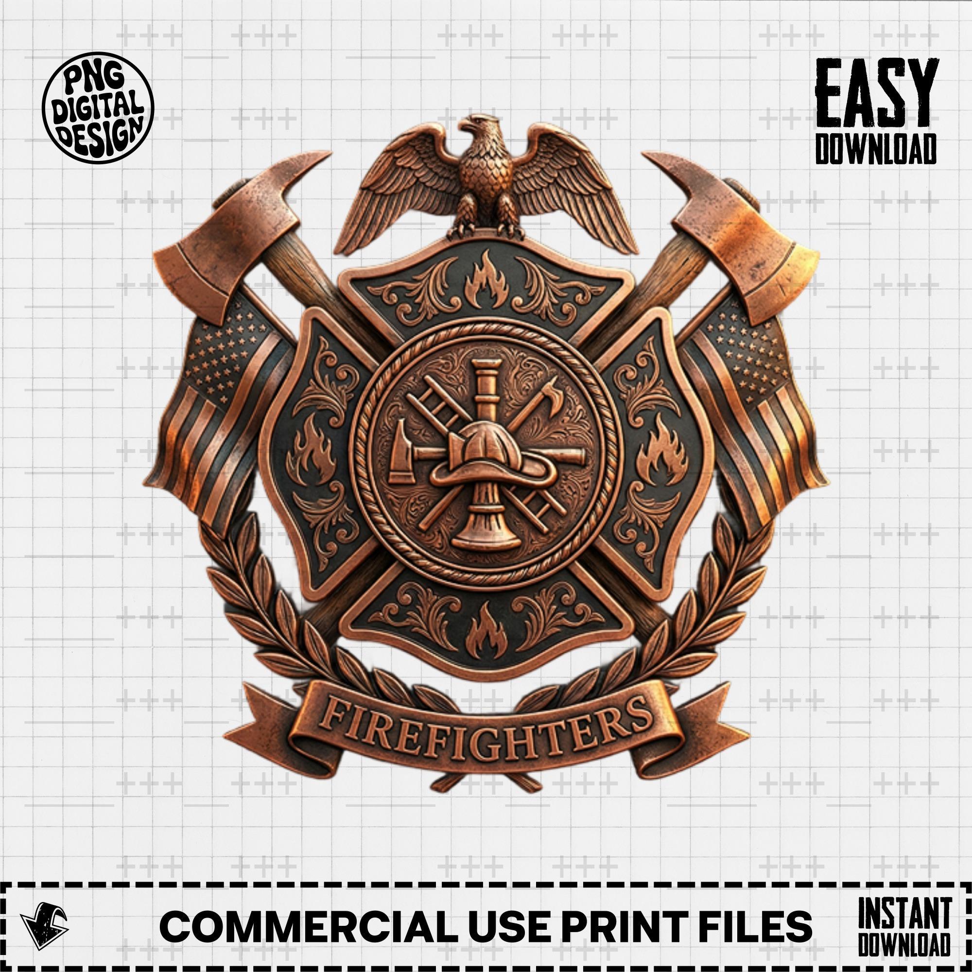 Firefighter Emblem Digital Print, American Flag, Maltese Cross, Axe, Firefighter Gift, Eagle Crest, Fire Department Art, Wall Decor