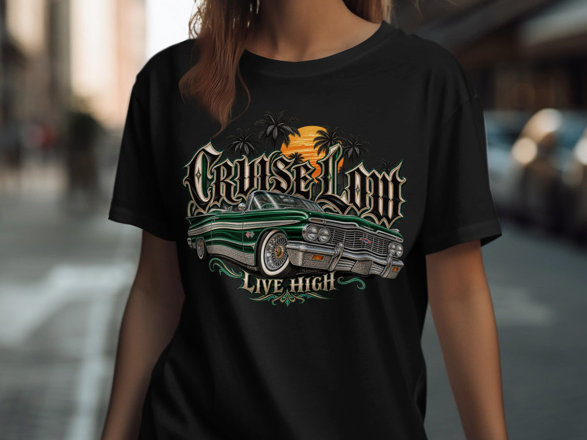 Black t-shirt with "CRUISE LOM LIVE HIGH" text and green classic car graphic.
