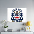 England 2026 logo featuring a lion rampant, shields, and flanking lions.