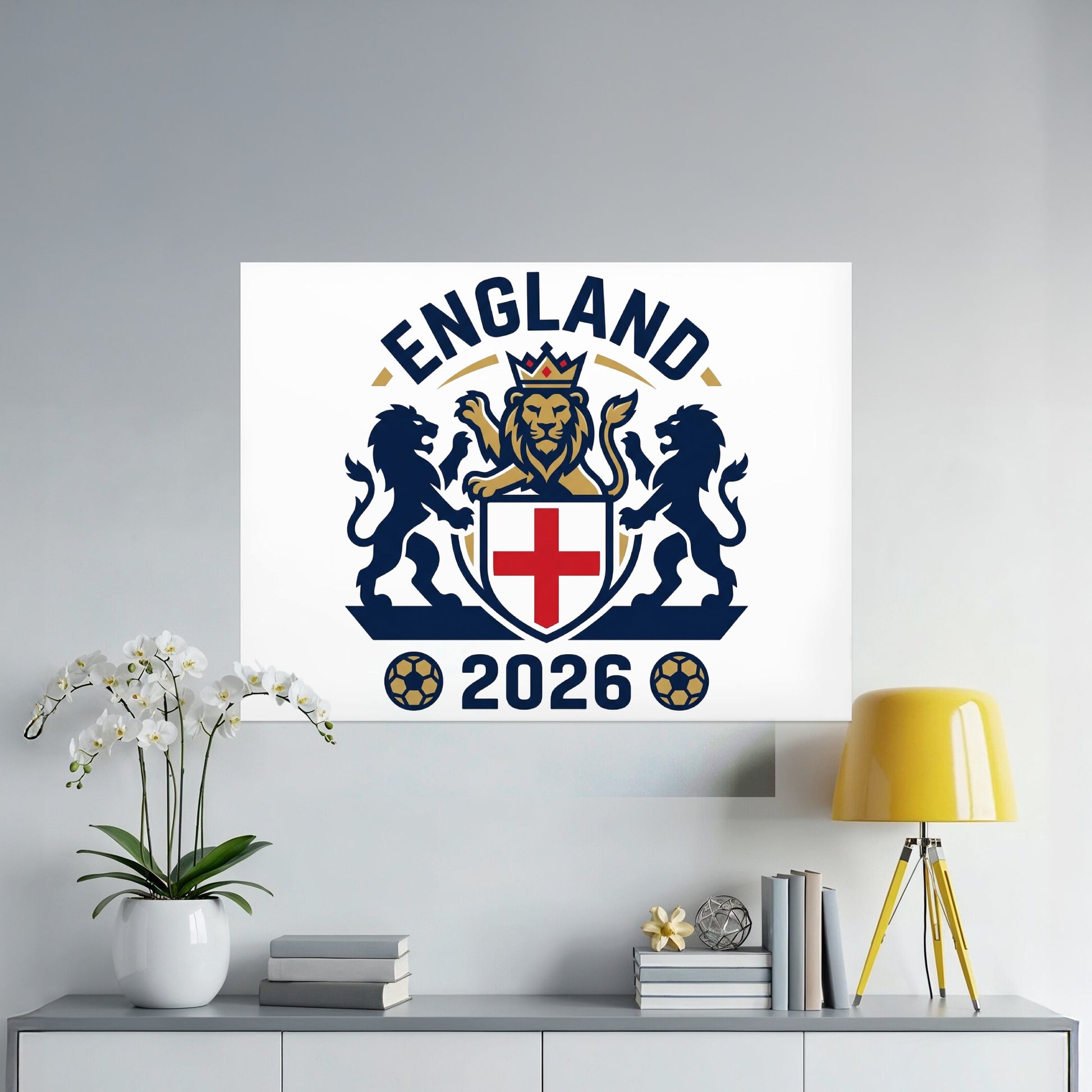 England 2026 logo featuring a lion rampant, shields, and flanking lions.