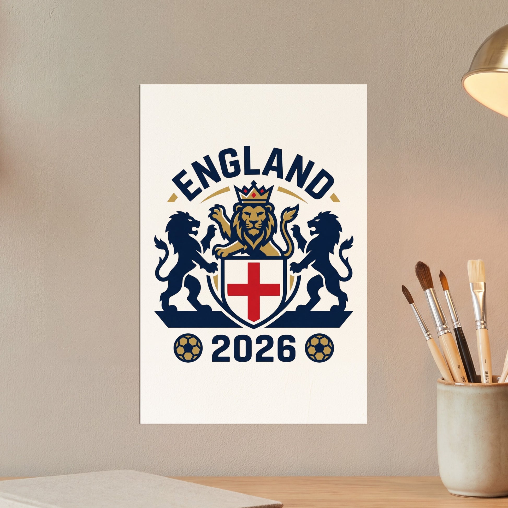 England 2026 crest with lions, shield, and soccer balls.