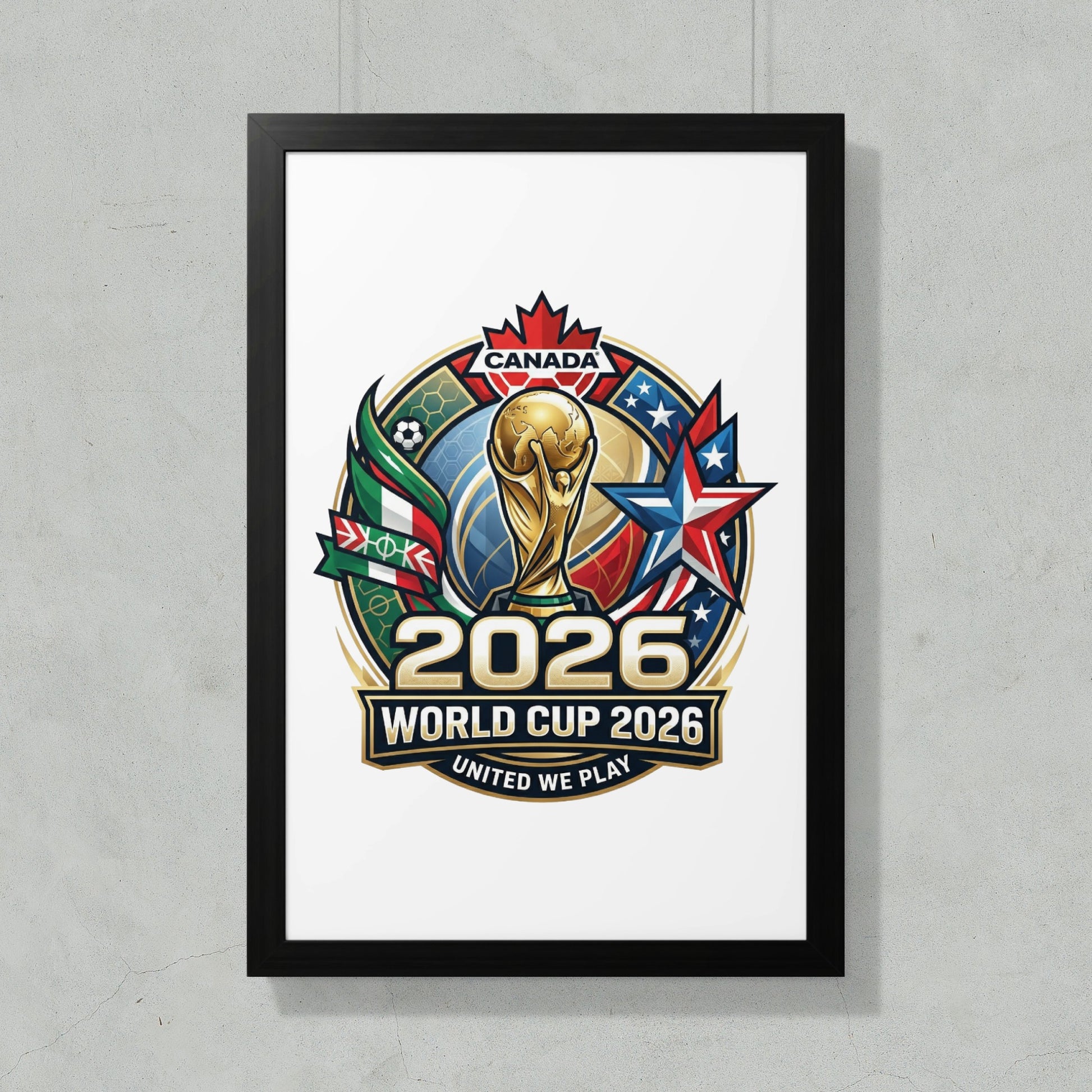 2026 FIFA World Cup logo for Canada, featuring flags and the trophy.