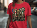 2026 World Cup USA Canada Mexico design on red t-shirt.