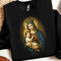 Religious artwork of Mary holding baby Jesus, crowned and in blue robe.
