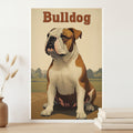 Bulldog sitting in a field, with 