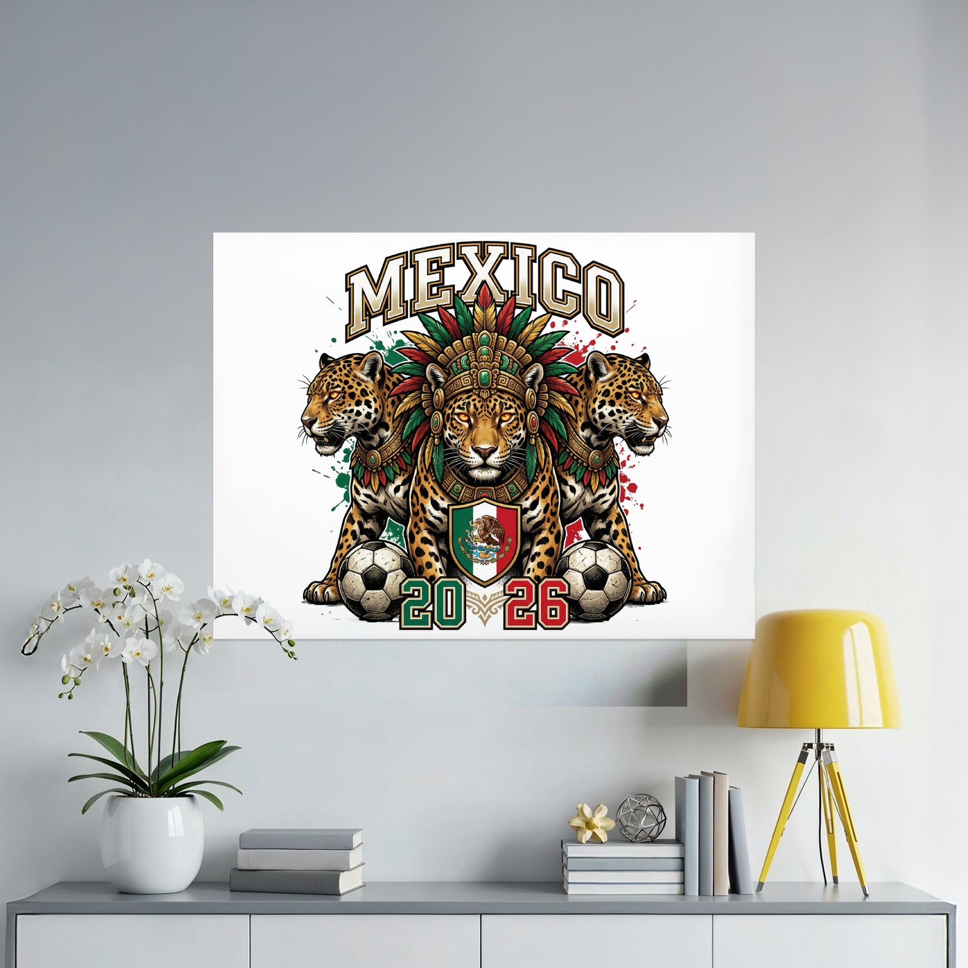 Three jaguars in headdresses flank a soccer ball with "MEXICO 2026" text.