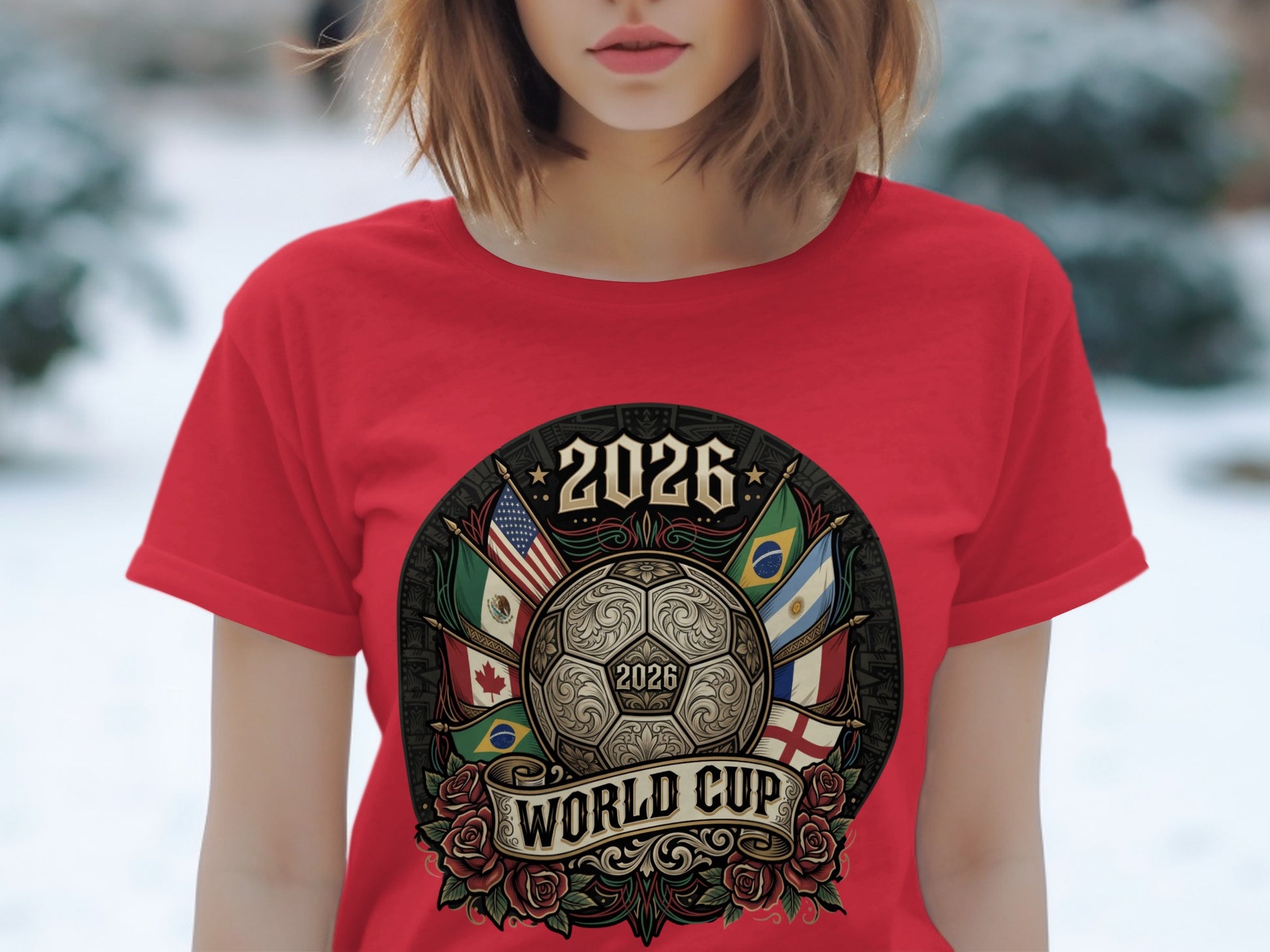 Red t-shirt with 2026 World Cup logo featuring soccer ball and flags.
