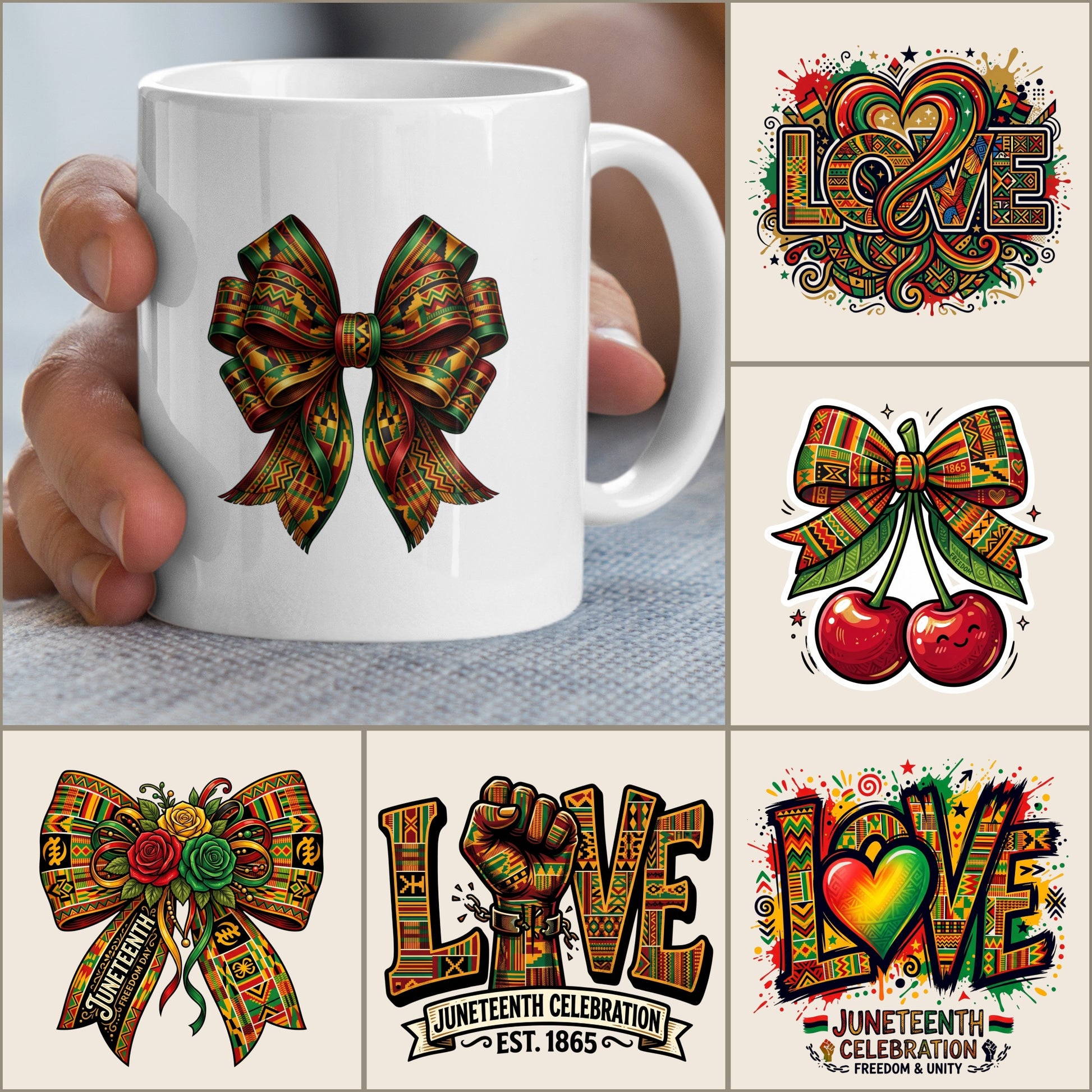 Mug with Juneteenth bow graphic, surrounded by other Juneteenth celebration graphics.