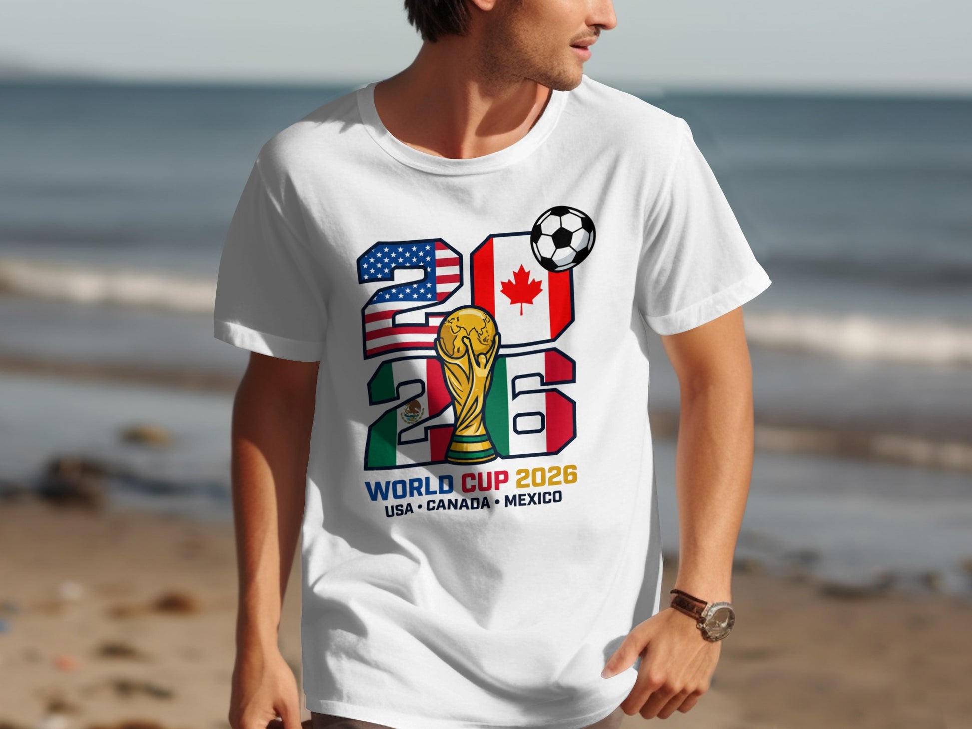 White t-shirt with 2026 World Cup USA, Canada, Mexico design and soccer ball.