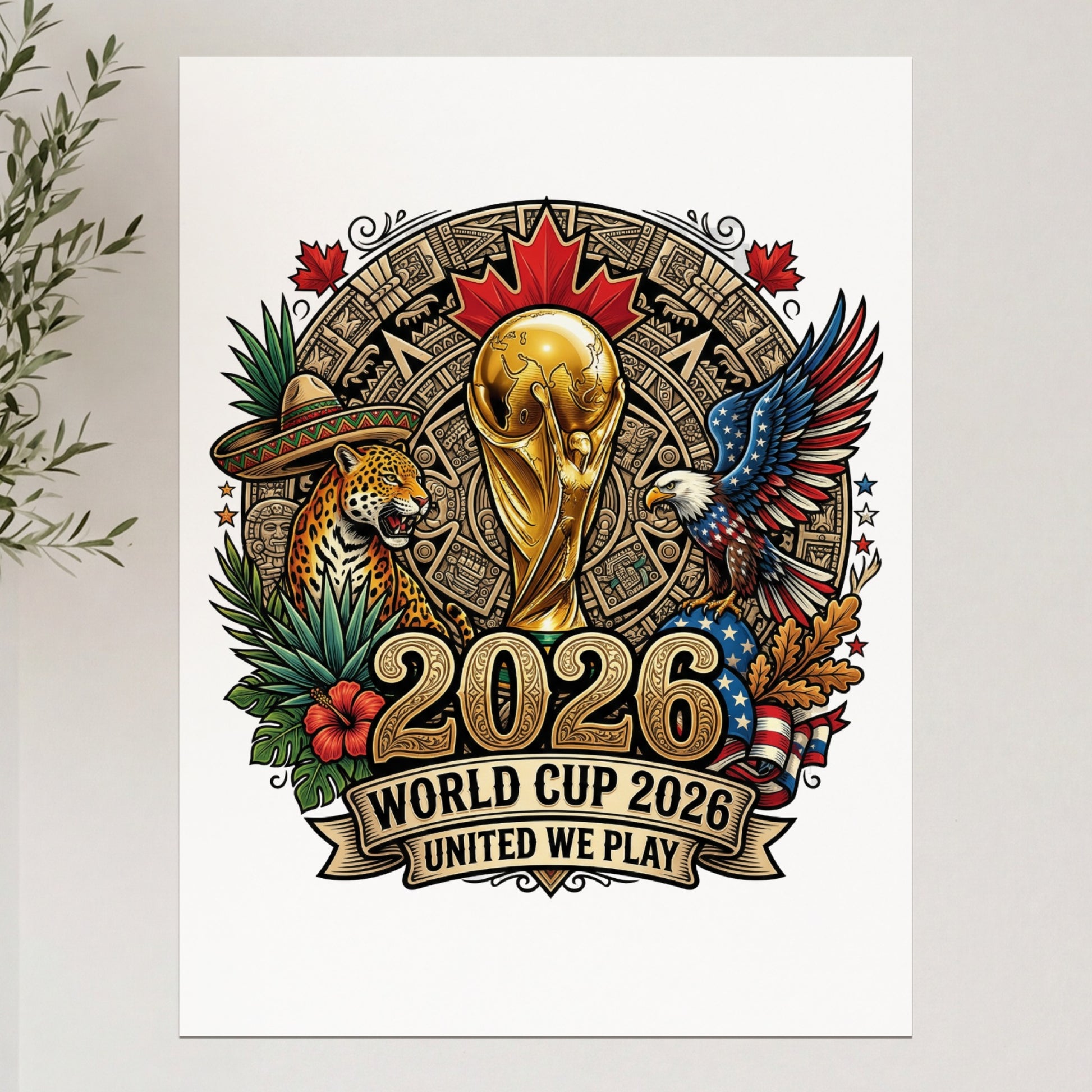 2026 World Cup logo with eagle, jaguar, sombrero, and flags.