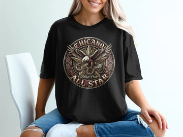Black t-shirt with circular Chicano Pride All Star Eagle graphic.