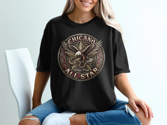 Black t-shirt with circular Chicano Pride All Star Eagle graphic.