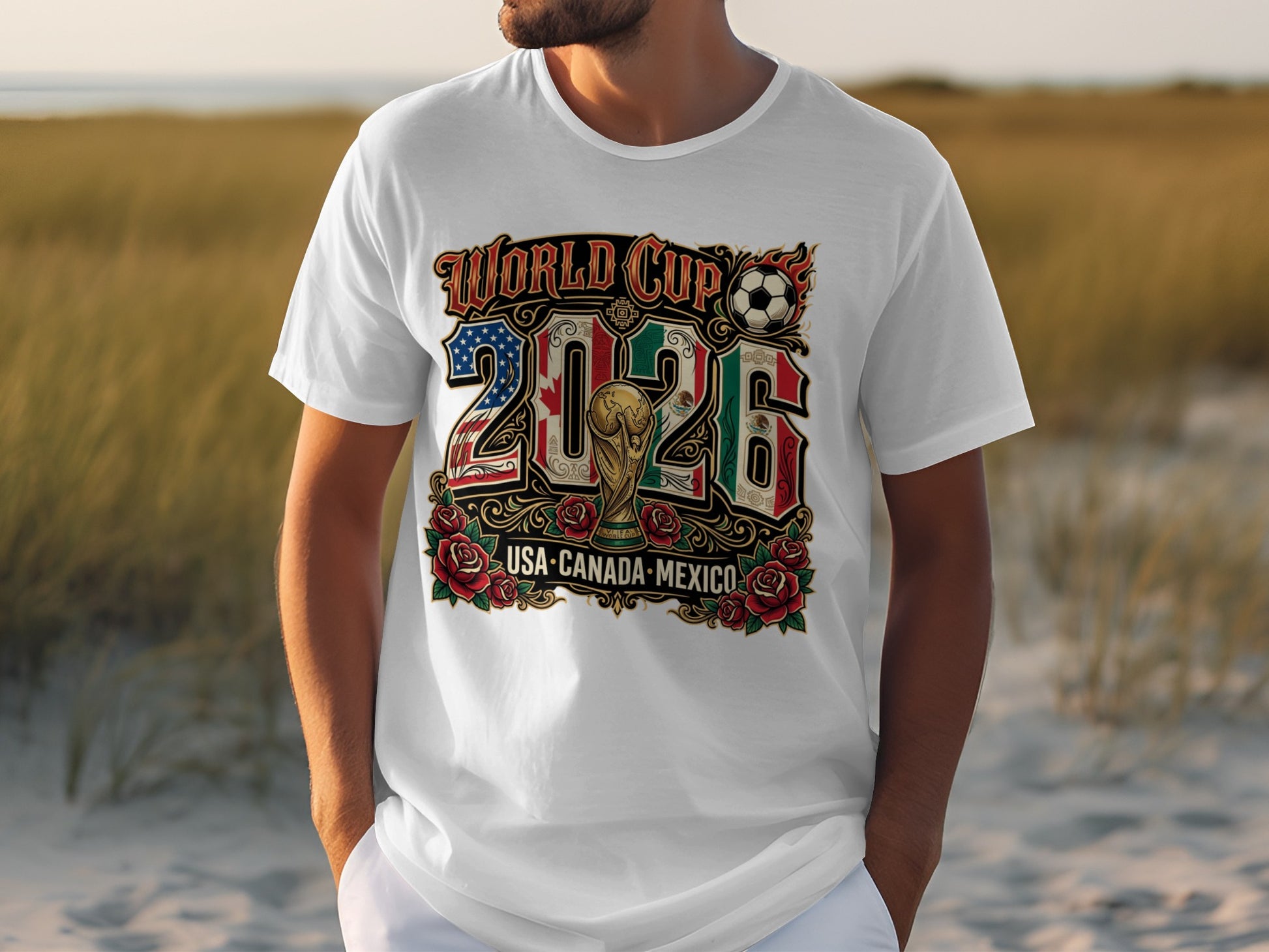 White t-shirt with World Cup 2026 USA-Canada-Mexico graphic and roses.