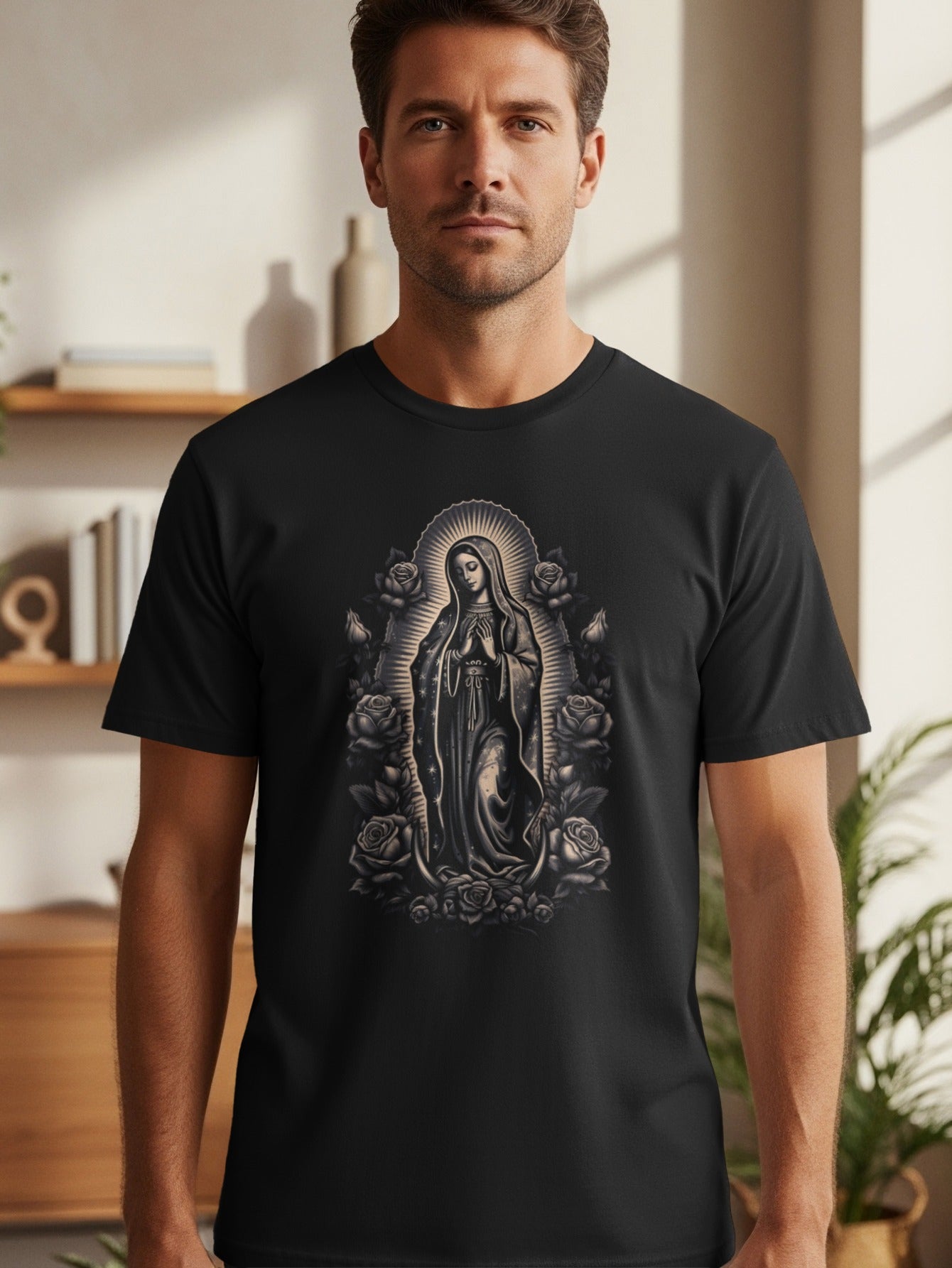 Black t-shirt featuring a grayscale depiction of the Virgin Mary surrounded by roses.
