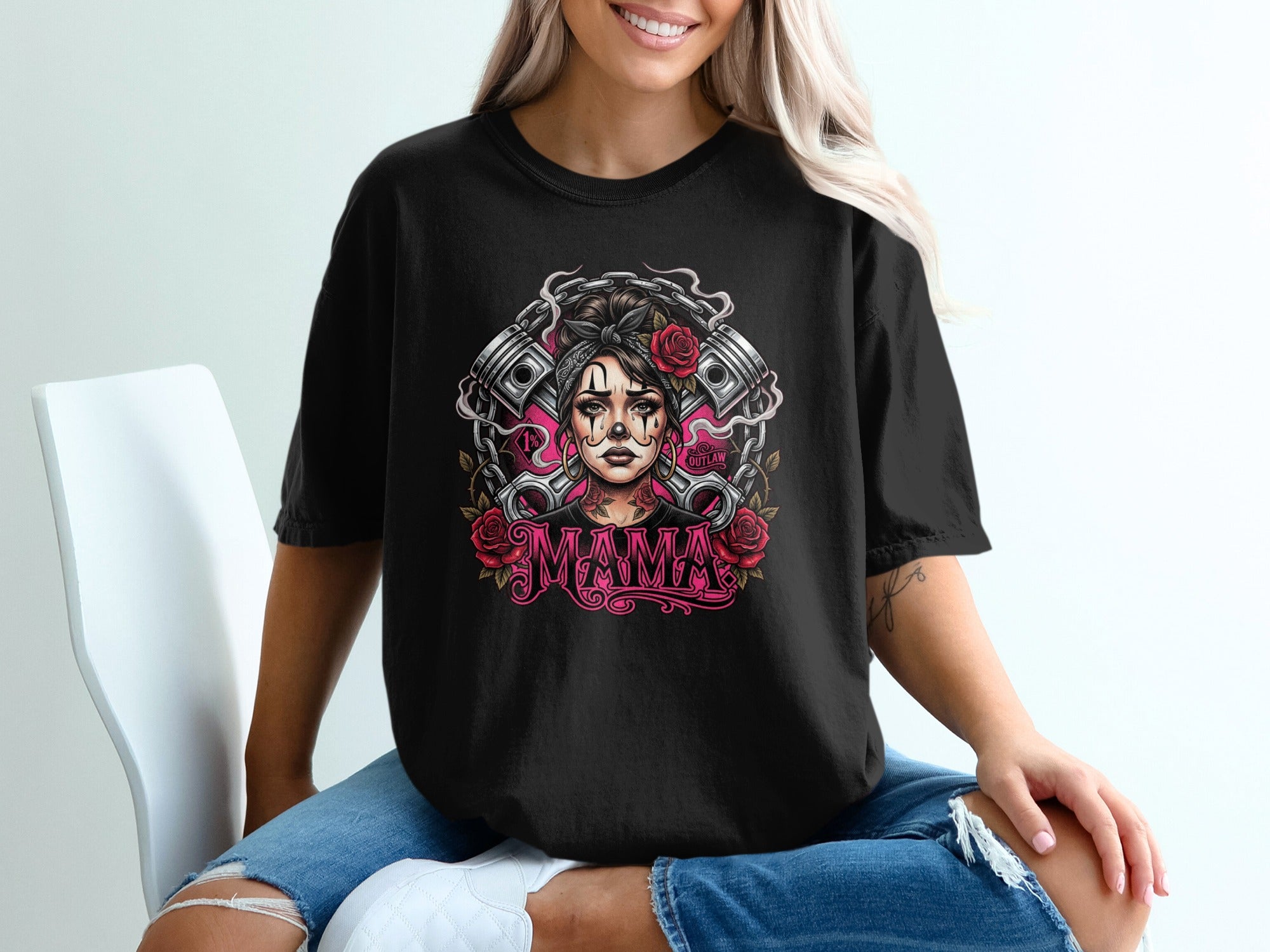 Black t-shirt with a tattooed woman's portrait, pistons, and roses design.