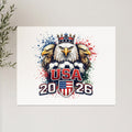 USA 2026 emblem with eagles, crown, and soccer balls.
