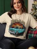 T-shirt with graphic of vintage turquoise pickup truck and text 