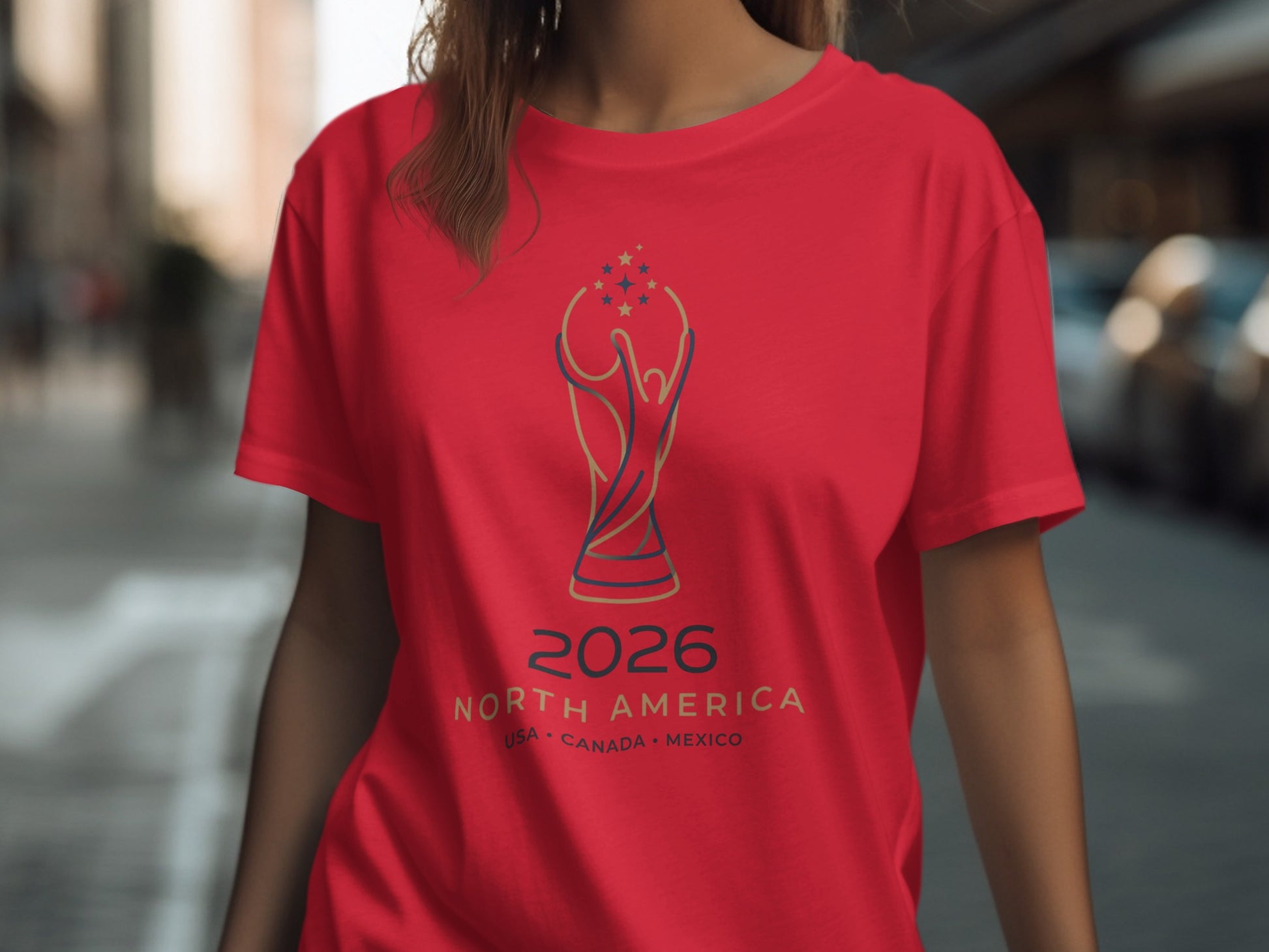 Red t-shirt with 2026 FIFA World Cup trophy graphic and text.