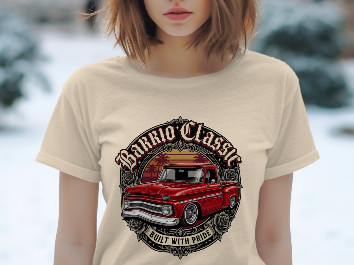 T-shirt design with red classic truck, palm trees, roses, and text "Barrio Classic Built With Pride".
