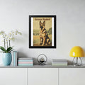 Framed German Shepherd poster with dog sitting in a field.