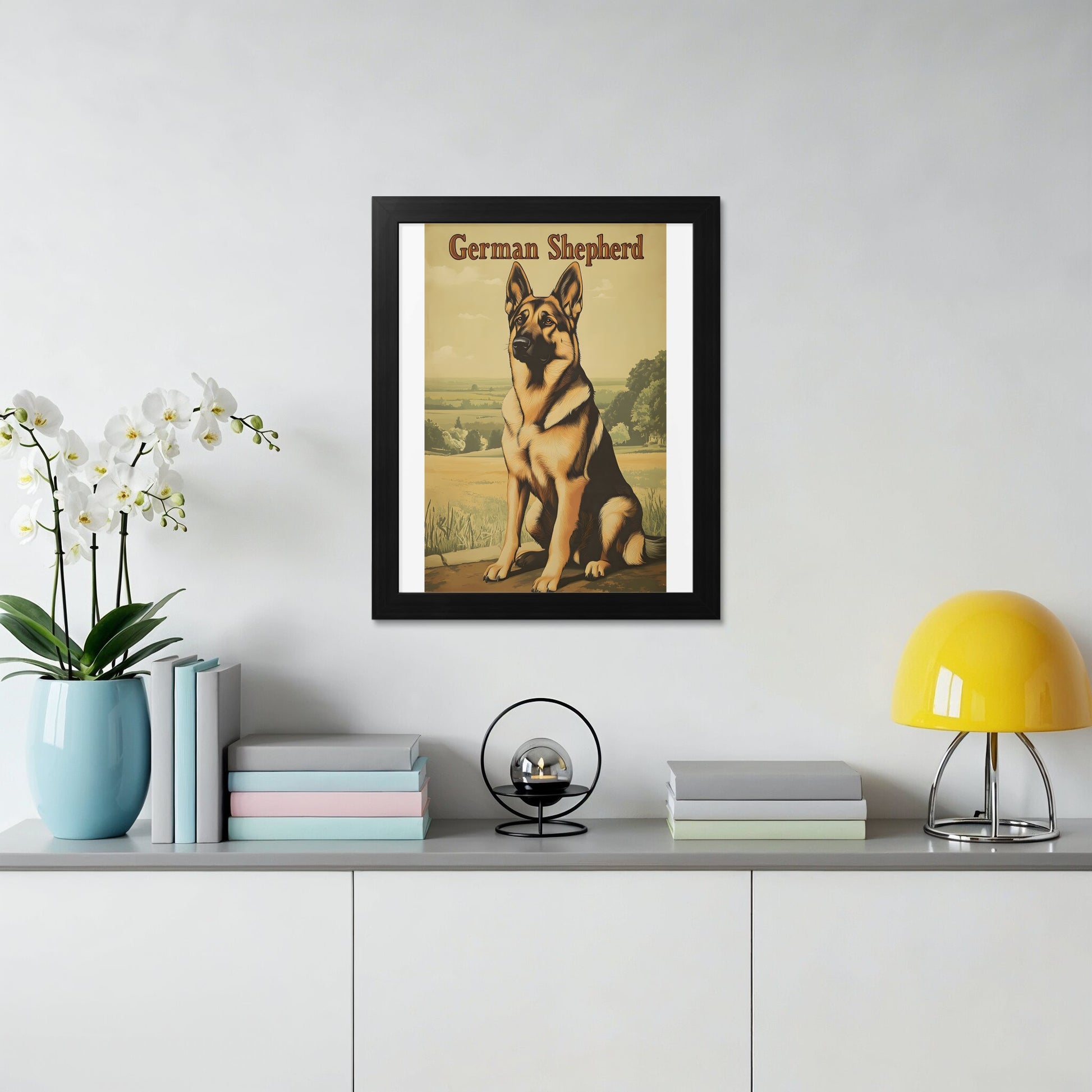 Framed German Shepherd poster with dog sitting in a field.
