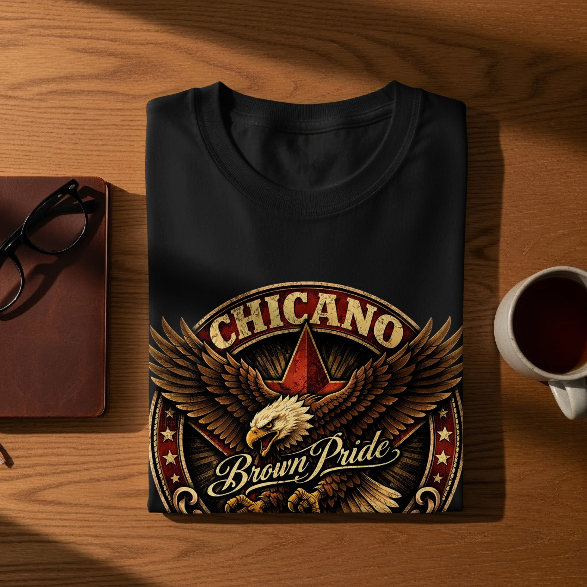 Black t-shirt with "Chicano Brown Pride" and eagle graphic on a wooden surface.