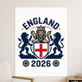 England 2026 crest with lions, shield, and soccer balls.