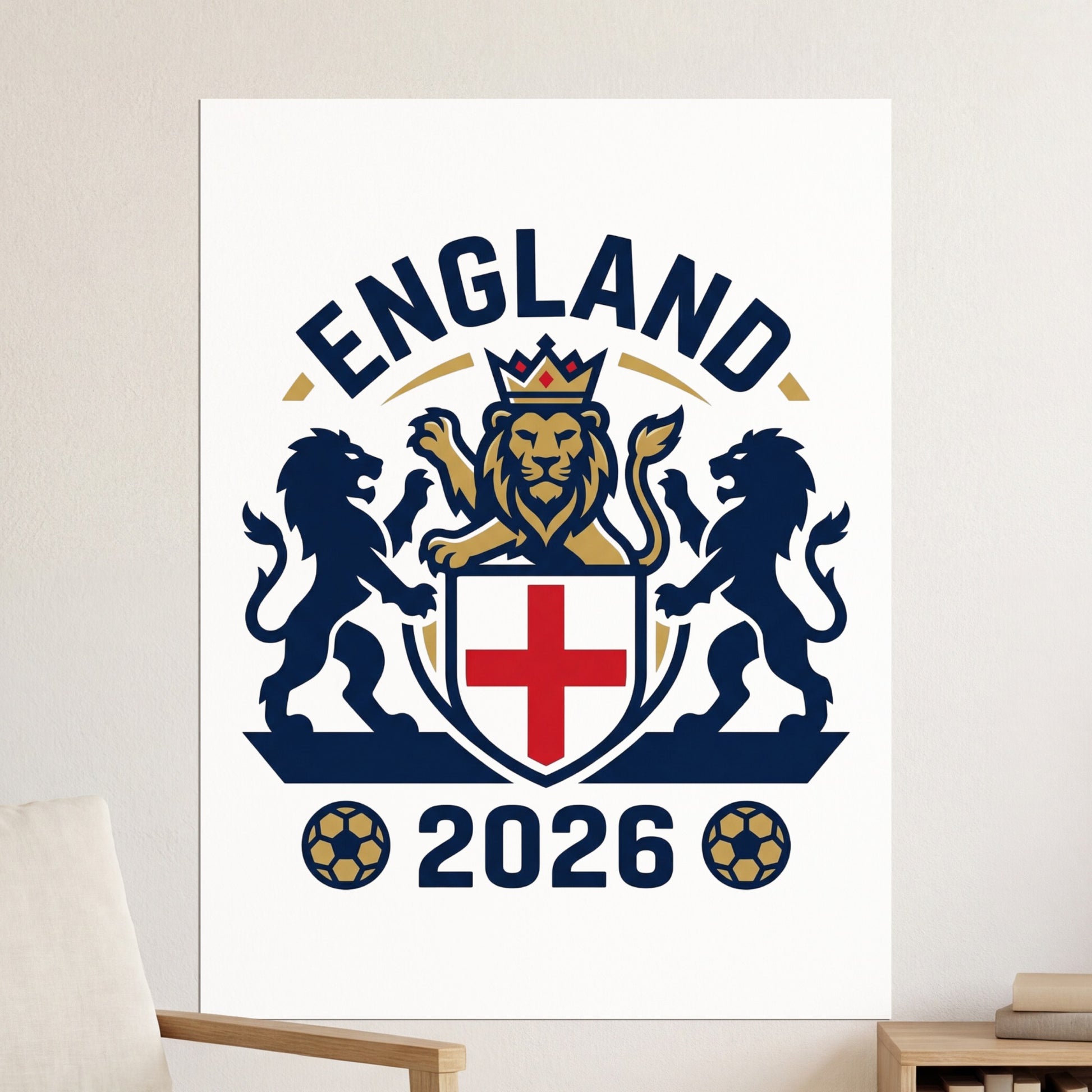 England 2026 crest with lions, shield, and soccer balls.