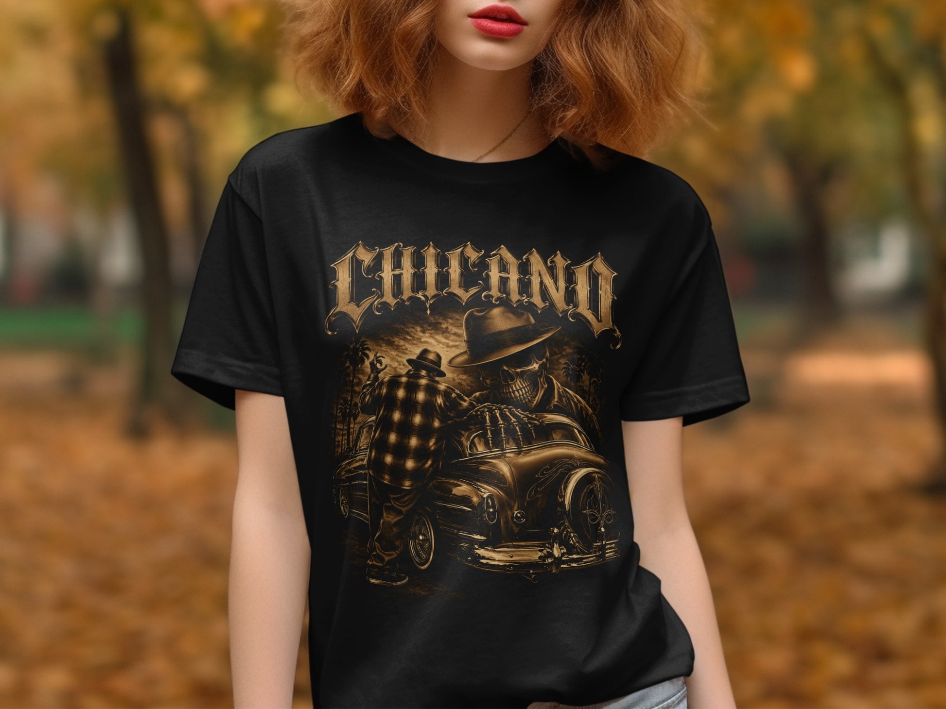 Black t-shirt with "Chicano" text and skull, car, and hat graphic.