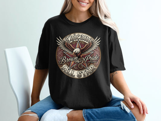 Black t-shirt with a circular design featuring an eagle and "Chicano Brown Pride All Star" text.