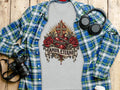 Gray t-shirt with flaming cross, roses, and 
