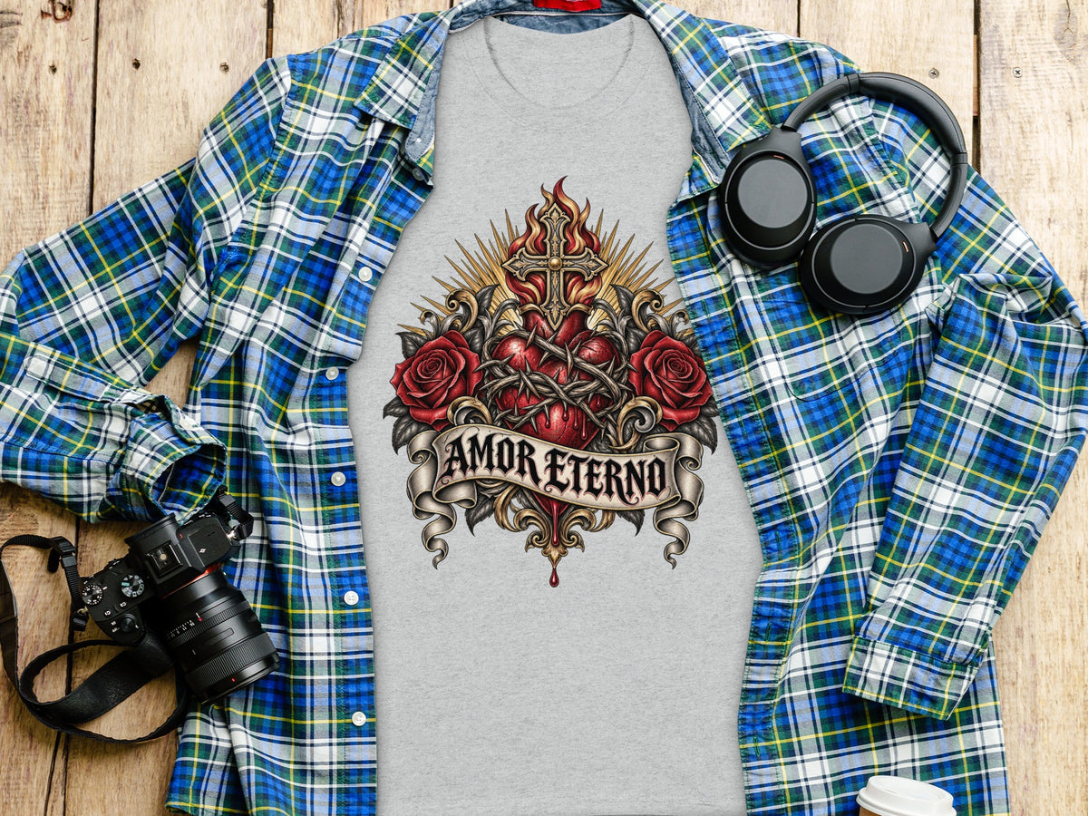 Gray t-shirt with flaming cross, roses, and "Amor Eterno" banner.