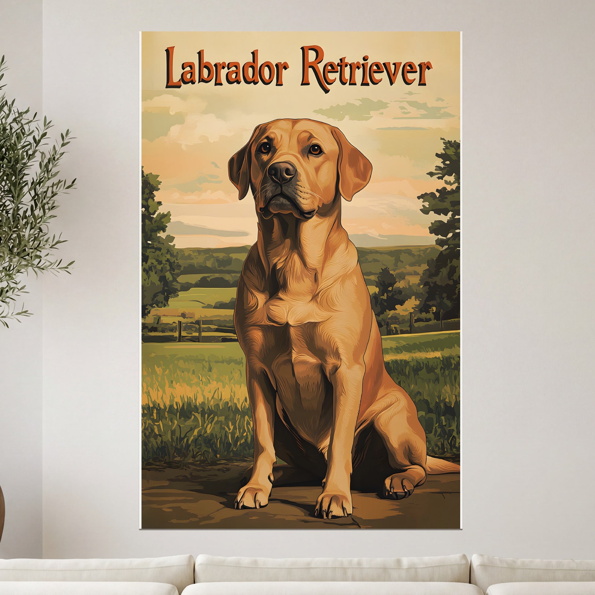 Labrador Retriever dog portrait with scenic landscape background.