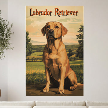 Labrador Retriever dog portrait with scenic landscape background.