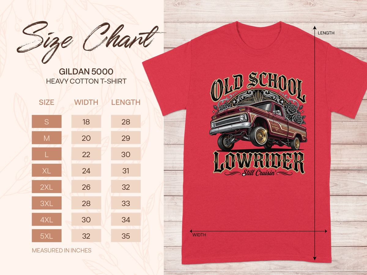 Gildan 5000 size chart with width and length measurements for t-shirts.