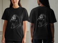Black t-shirt with graphic of Jesus wearing a crown of thorns on front and back.