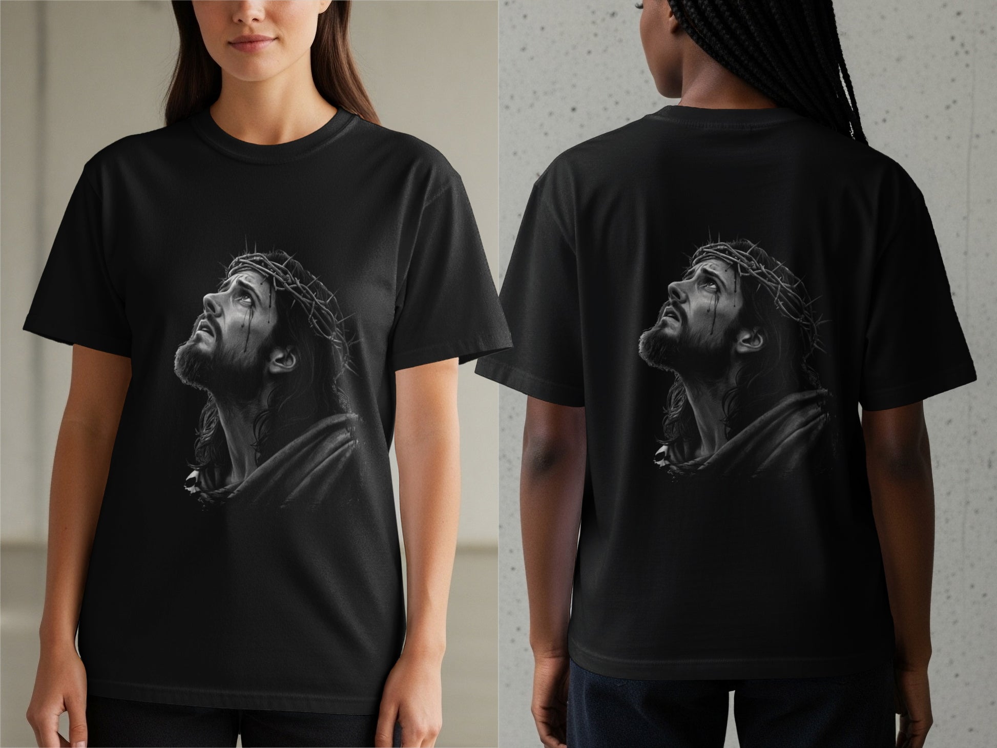 Black t-shirt with graphic of Jesus wearing a crown of thorns on front and back.