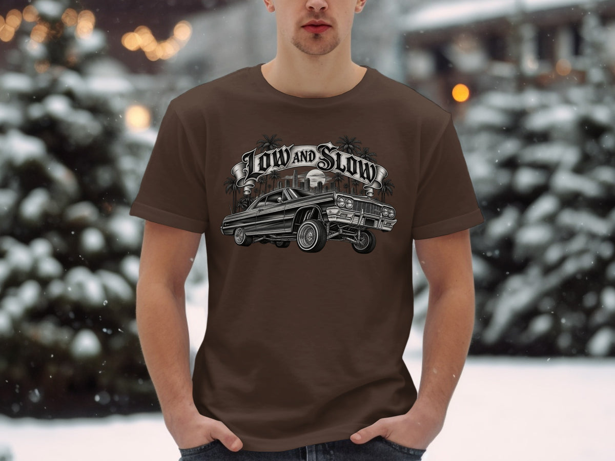 Brown t-shirt with "Low and Slow" text and a vintage lowrider car graphic.