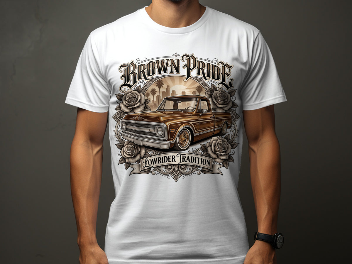T-shirt with graphic of brown lowrider truck and text "Brown Pride, Lowrider Tradition".