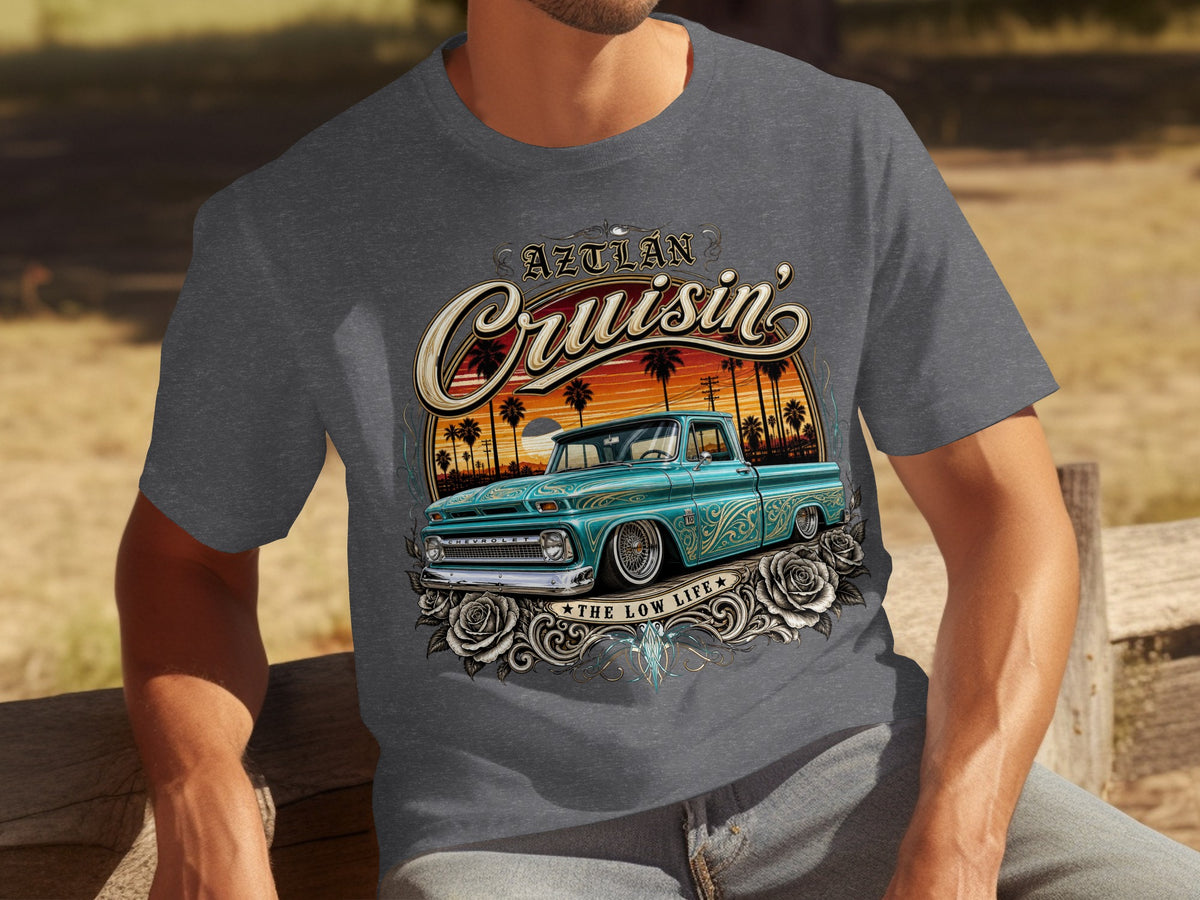 Turquoise Chevrolet truck graphic with "Aztlan Cruisin'" and "The Low Life" text.