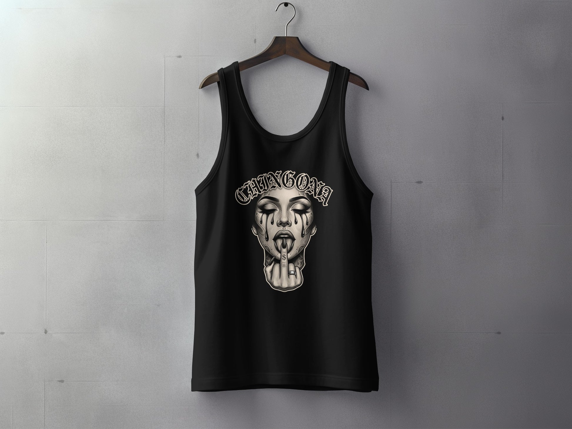 Black tank top with "CHINGONA" text and skull illustration.