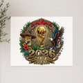 2026 World Cup emblem with trophies, jaguar, eagle, and Canadian maple leaf.