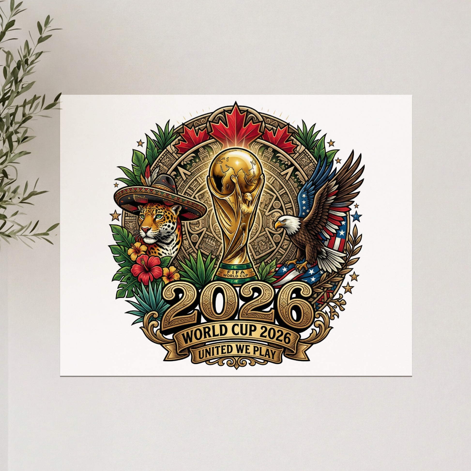 2026 World Cup emblem with trophies, jaguar, eagle, and Canadian maple leaf.