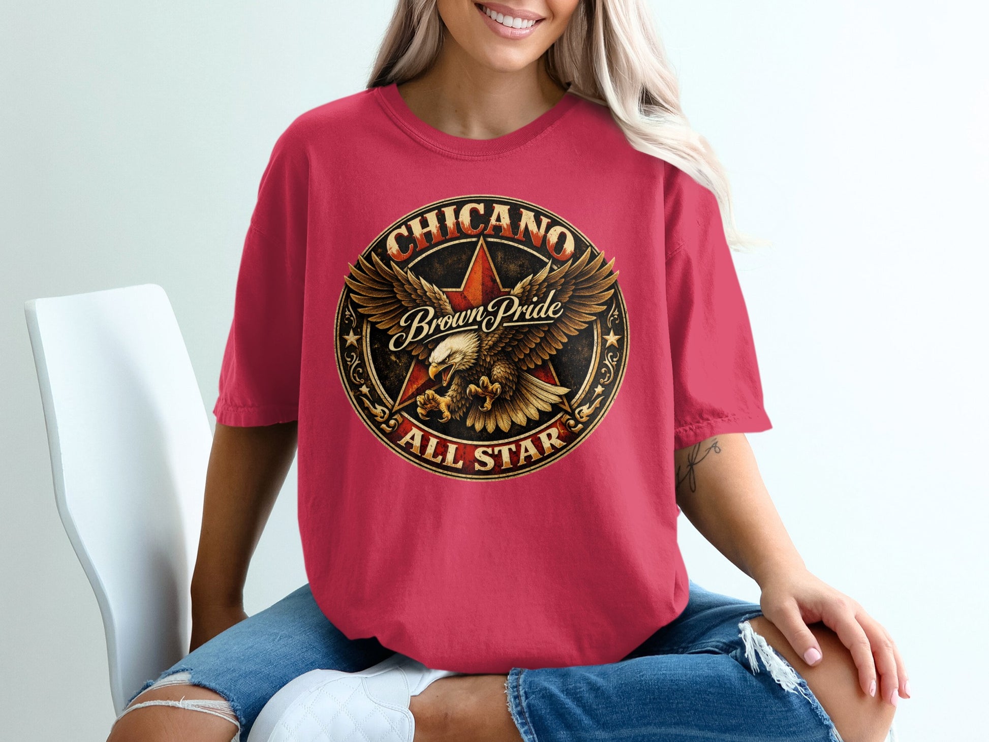 Red t-shirt with "Chicano Brown Pride All Star" graphic featuring a bald eagle.