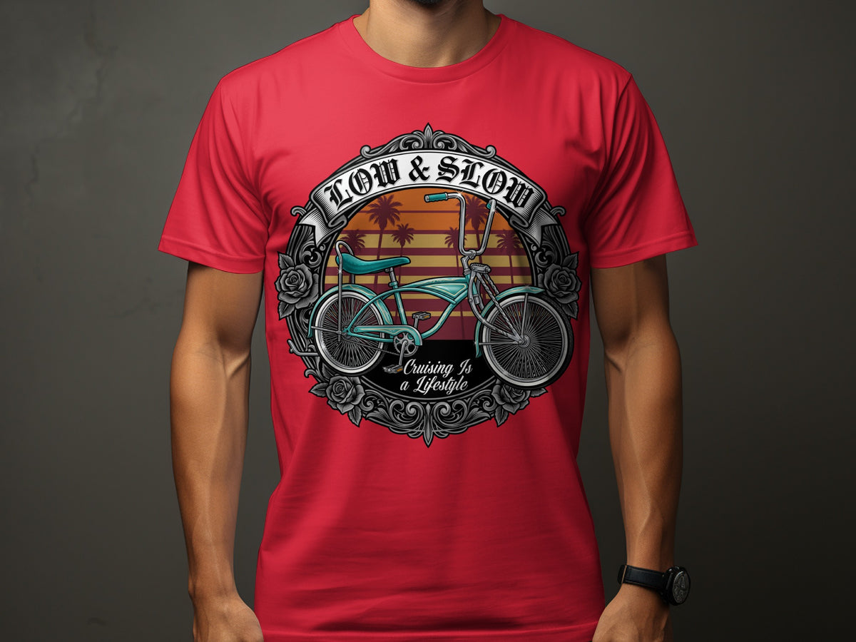 Red t-shirt with a graphic of a bicycle and the text "LOW & SLOW Cruising Is a Lifestyle".